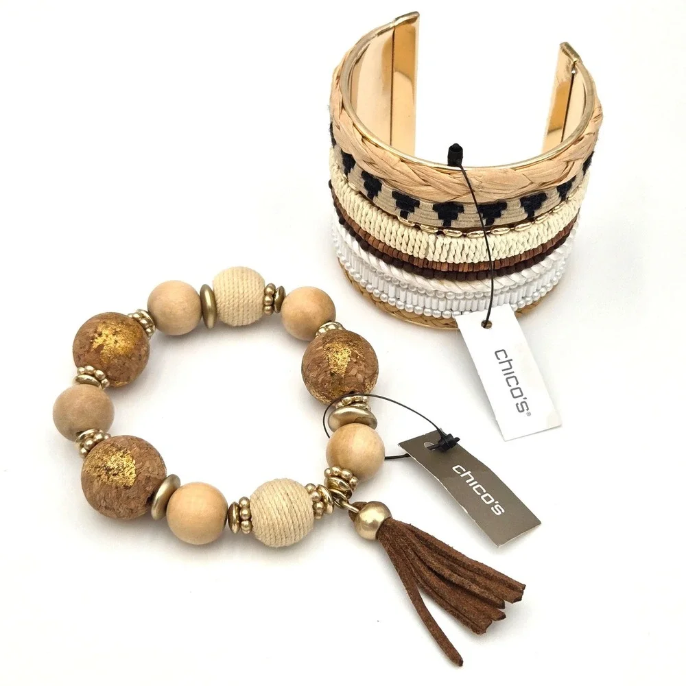 Chico's Global Textures Cuff & Amelia Stretch Tassel Bracelet Set NWT Gold Wood